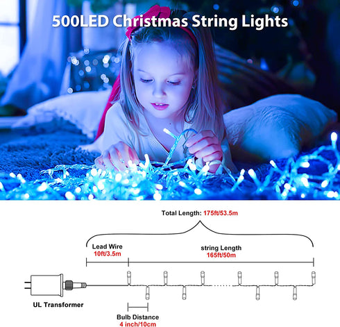 500 LED Christmas Fairy String Lights by Fiee, 8 Lighting Modes, 175ft Plug in String Waterproof Mini Lights for Outdoor Indoor Holiday Christmas Wedding Party Bedroom Decorations, 500L Blue