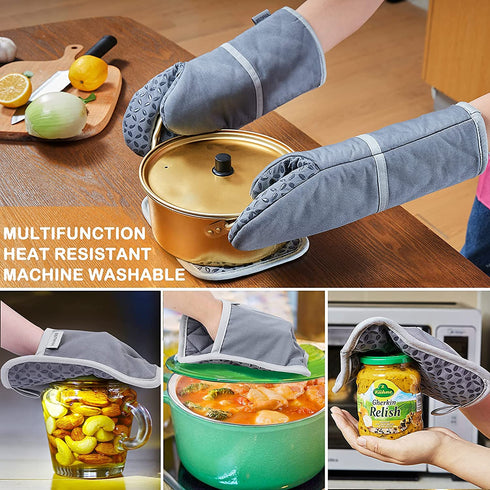 Oven Mitts and Pot Holders Set - 4pcs Long Cotton Puppet Oven Gloves & Hot Pads with Non-Slip Silicone Grip Heat Resistant 455 °F /235 °C for Kitchen Baking Cooking Grilling Machine Washable-Grey