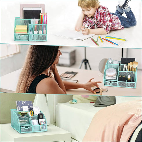 Green Desk Organizer for Women, Mesh Office Supplies Cute Stationary Organization Office Accessories Essentials Caddy with Drawer for Home & Office Desktop & Decor& Kitchen