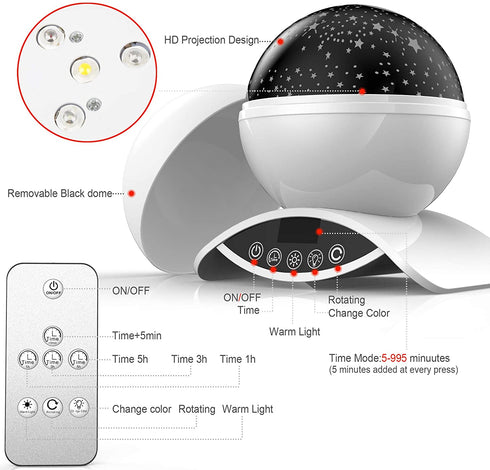 Elecstars Night Lights, Rechargeable Star Projector with Remote Control and Timer Auto Off Design, Rotating Projection Lighting Lamp, Room Decor. (White)€¦