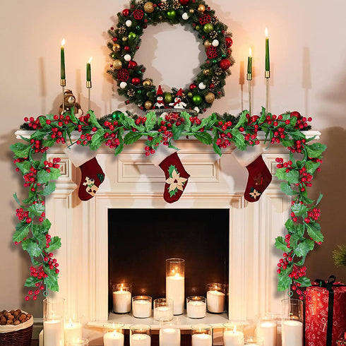 Attmu Christmas Garland - 5.9FT Artificial Red Berry Garland for Indoor Outdoor Home Winter Christmas Decorations Xmas Holiday New Year Fireplace Stairs Mantel Table Decor