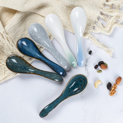 HOKELER Ceramic Asian Soup Spoons 5.6 inch Chinese Japanese Soup Spoon for Ramen Pho Miso Wonton, Set of 6 (6 Colors)