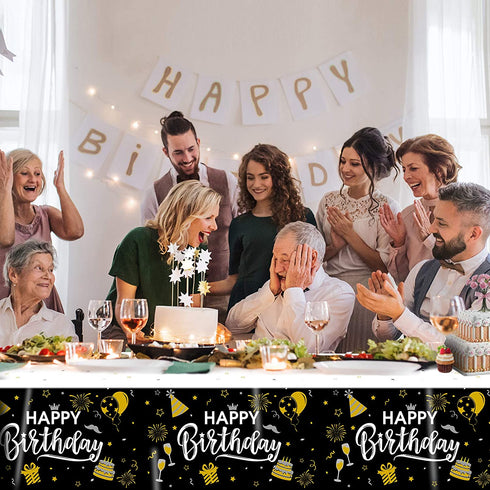 Happy Birthday Decorations, 6pcs Black and Gold Birthday Tablecloth for Men Women, Plastic Disposable Rectangle Table Cover for 90th 80th 70th 60th 50th 40th 30th Birthday Party Decor- 54" x 108"