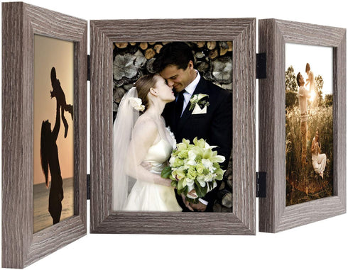 Golden State Art, 5x7 Three Picture Frame Trifold Hinged Photo Frame with 3 Openings, Desk Top Family Picture Collage, with Real Glass (5x7 Triple, Grey, 1-Pack)