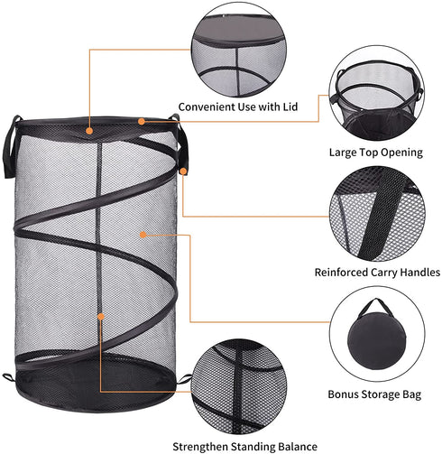Portable Collapsible Popup Laundry Hamper, Foldable Mesh Round Laundry Basket with Reinforced Durable Handles, Large Clothes Hamper for Kids Room / College Dorm / Travel, Easy to Storage and Open