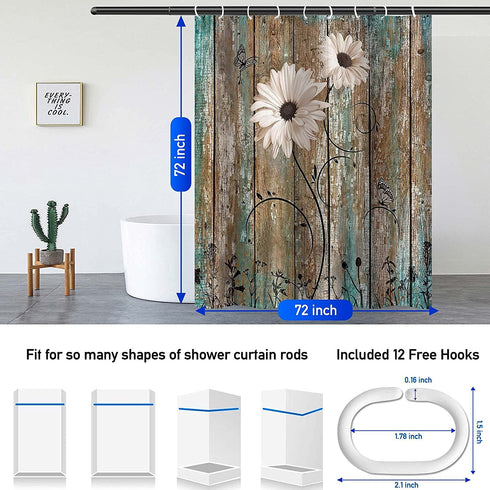 Lnond Floral Shower Curtain, Farmhouse Shower Curtain with 12 Hooks, Seashell Starfish Shower Curtains, Washable Waterproof Fabric Shower Curtain Set for Bathroom (72" x 72")
