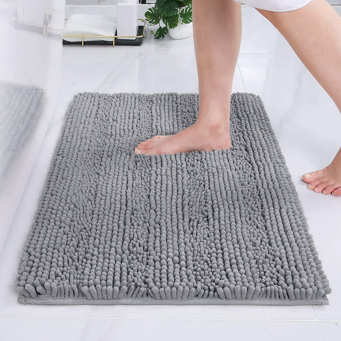 Grandaily Chenille Striped Bathroom Rug Mat, Extra Thick and Absorbent Bath Rugs, Non-Slip Soft Plush Shaggy Bath Carpet, Machine Wash Dry, Bath Mats for Bathroom, 17x24, Grey