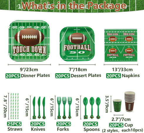 Football Theme Party Supplies - Includes Football Banner, Plates, Napkins, Cup, Tablecloth, Knives, Fork, Spoon and Straws for Boys Sports Theme Birthday Decorations, Serves 20 Guests