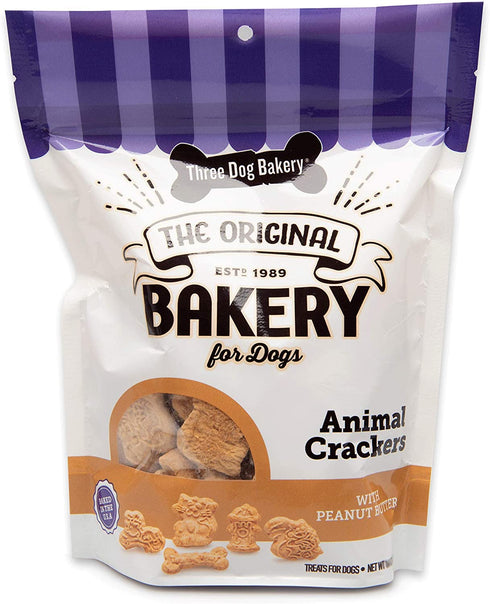 Three Dog Bakery Crunchy Classic Animal Crackers, Peanut Butter Flavor, Premium Treats for Dogs, 13 Resealable Pack, brown, 13 oz