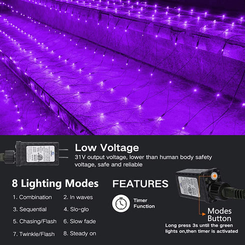 Joomer Purple Christmas Net Lights,12ft x 5ft 360 LED 8 Modes Adapter Bush Lights Connectable Mesh Netting Lights for Christmas Trees, Bushes, Wedding, Garden, Outdoor Decorations,Green Wire