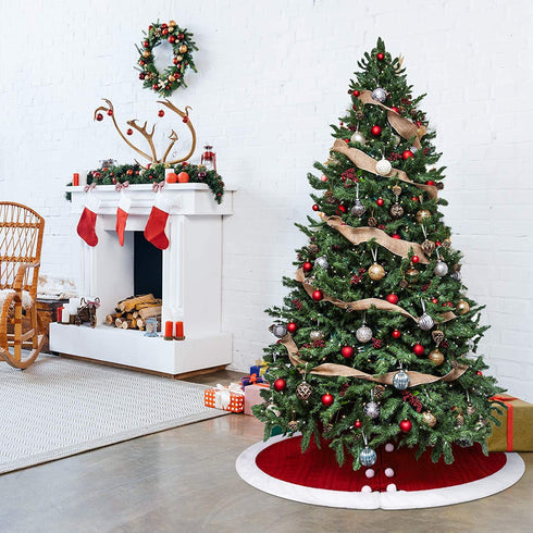 WBHome Christmas Tree Skirt, 48 inch Double-Layer Cable Knit Knitted Thick Rustic Holiday Decoration, Christmas Red with Snow White Plush