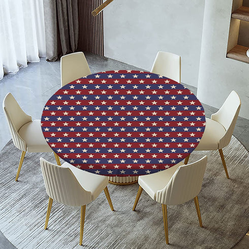 ousente American Flag Fitted Tablecloths, Elastic Edged Polyester Backed Table Cover for 28' Round Tables, Waterproof Wipeable Patriotic Star Cloth 4th of July Holiday Decoration, Red Blue White