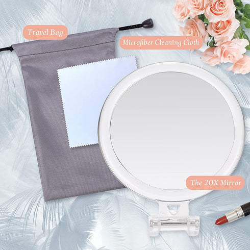 20X Magnifying Mirror, 6 Inch, Two Sided Hand Mirror, 20X/1X Magnification, Folding Makeup Mirror with Handheld/Stand, Use for Makeup Application, Tweezing, and Blackhead/Blemish Removal.