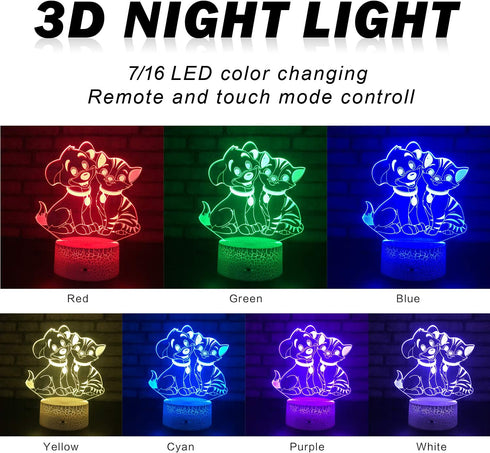 Menzee 3D Night Lights for Boys Girls 16 Colors + 7 Colors Changing, 3D LED Lamps with Touch & Remote Control, The Best Birthday Show You Vivid 3D Illusion Cat and Dog Figure