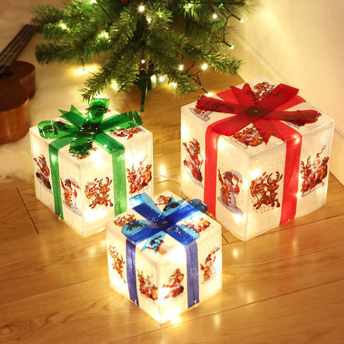 Kurala Christmas Lighted Gift Boxes 3 Pack, Christmas Decorations with 60 Led Lights Timer, Battery Operated Christmas Decoration