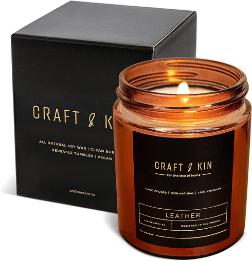 Leather Candle | Premium Scented Candles for Men & Women | All-Natural Soy Candles, Rustic Home Decor Scented Candles | Ultra Clean Burn Amber Jar Candles, Non-Toxic Aromatherapy Candles