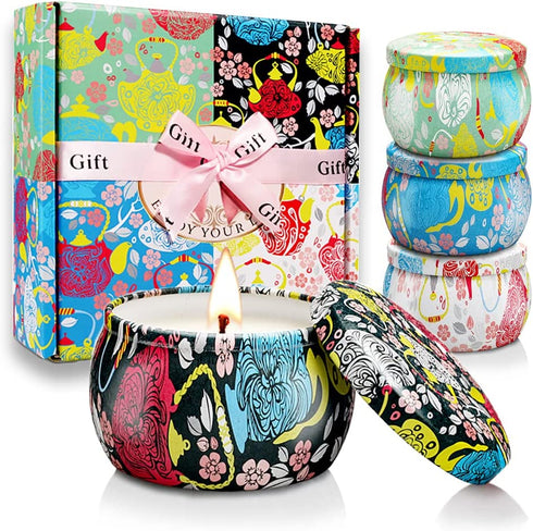 Blooming Flowers Scented Candles Gift Set, Natural Soy Aromatherapy Candles with 120 Hours Burn for Stress Relief, Ideal Gifts for Women for Mother's Day Birthdays Colleagues, 4 Pack