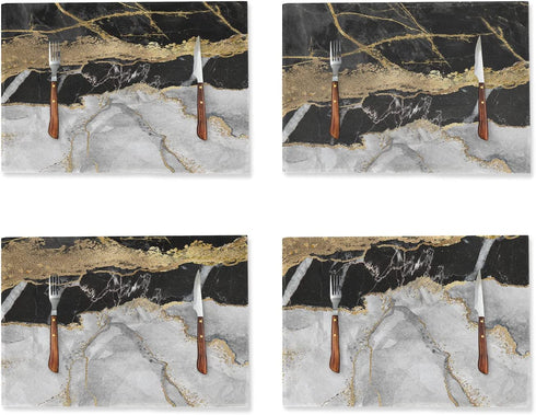 Linen Placemats Set of 4,Placemats for Dining Table,Black Gold White Marble,Washable Heat Resistant Non-Slip Woven Placemats for Home Kitchen Restaurant Decoration