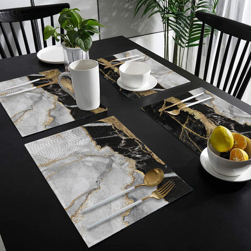 Linen Placemats Set of 4,Placemats for Dining Table,Black Gold White Marble,Washable Heat Resistant Non-Slip Woven Placemats for Home Kitchen Restaurant Decoration