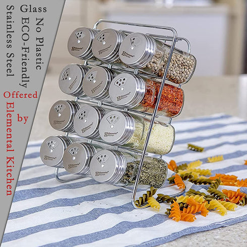 12-Jar Spice Rack, Adjustable Pour Holes Stainless Steel Lid, Seasoning Bottle Organizer for Kitchen Cabinet, Countertop, Plastic-free, Dishwasher Safe