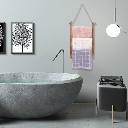 Ladder Towel Rack Wall Hanging Rustic Wood Blanket Holder for Bathroom Farmhouse Decor Ladder Hand Towels Stand with Rope Wall-Mounted Towel Storage Rack Shelf.(Brown)