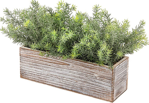Artificial Wooden Potted Rosemary Plant Dusty Green Faux Greenery Plants in Wood Planter Box s for Rustic Farmhouse Centerpiece Tabletop Kitchen Shelf Decor