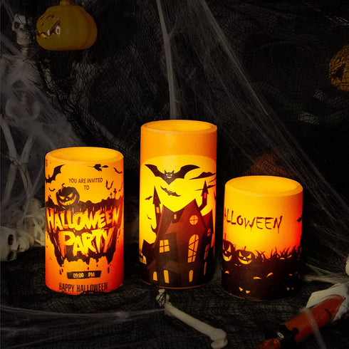 YUROZAC Halloween Flameless Candles with Timer, Flickering Battery Operated Real Wax LED Pillar Candles for Halloween Decoration Set of 3 (D3"xH 4"5"6"), Castle Cat Pumpkin Decals