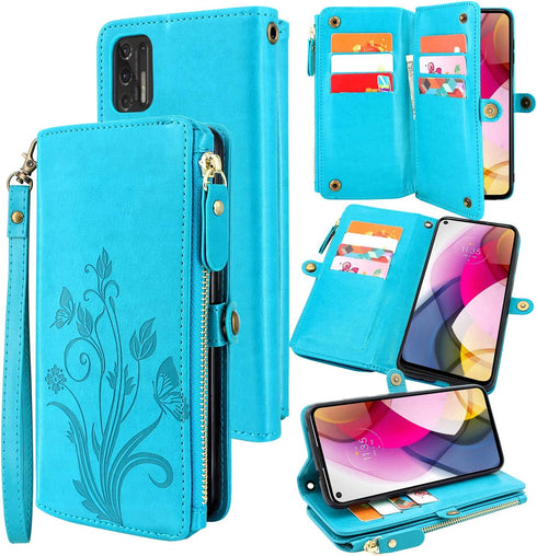 Lacass [Cards Theft Scan Protection 10 Card Slots Holder Zipper Pocket Wallet Case Flip Leather Cover with Wrist Strap Magnetic Closure Stand Carrying Pouch for Moto G Stylus 2021 4G Floral Blue