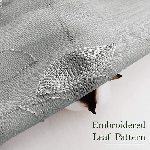 HOMEIDEAS Light Grey/Gray Sheer Curtains 52 X 96 Inches Long 2 Panels Embroidered Leaf Pattern Pocket Faux Linen Floral Semi Sheer Voile Window Curtains/Drapes for Bedroom Living Room