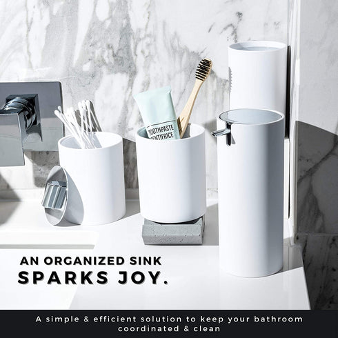 Sleek White Bathroom Accessory Set 4 Pcs complete bathroom set. Modern bathroom decor. Bathroom organizer. Accesorios para ba±os. Industrial bathroom accessories. Toothbrush holder Soap dispenser set.