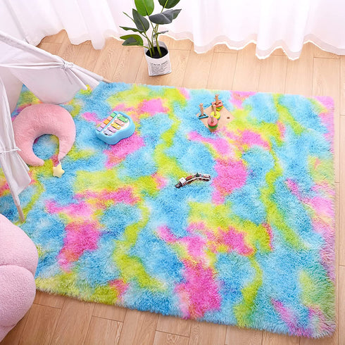 AROGAN Soft Rainbow Area Rugs for Girls Room 3x5 Feet, Fluffy Girls Bedroom Rugs, Princess Rug, Cute Colorful Carpet for Kids Teens Nursery Toddler, Blue