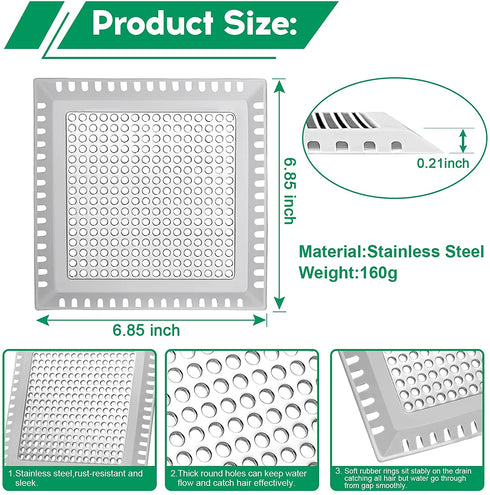 Aluvor Square Shower Drain Hair Catcher/Shower Drain Strainer/Flat Drain Cover for Bathroom Floor Drain/No Rust