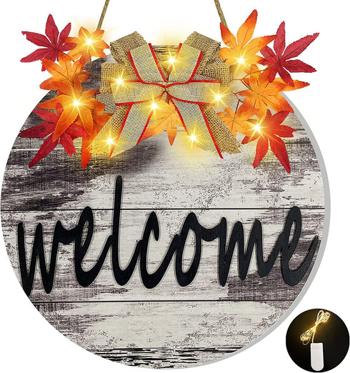 TURNMEON 10 LED Lighted Fall Welcome Sign Wreath for Front Door,Maple Leaves Wooden Hanging Sign Battery Operated Autumn Harvest Thanksgiving Fall Decoration Wall Porch Indoor Outdoor Home(Warm White)