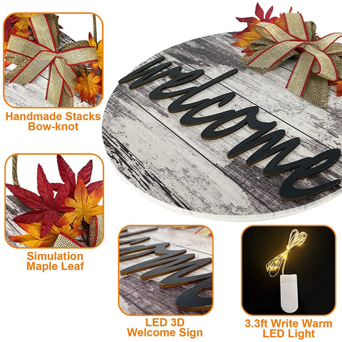 TURNMEON 10 LED Lighted Fall Welcome Sign Wreath for Front Door,Maple Leaves Wooden Hanging Sign Battery Operated Autumn Harvest Thanksgiving Fall Decoration Wall Porch Indoor Outdoor Home(Warm White)
