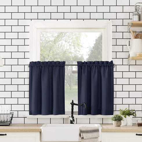 No. 918 Martine Microfiber Semi-Sheer Rod Pocket Kitchen Curtain Valance and Tiers Set, 54 in x 24 in (3 Piece), Navy Blue