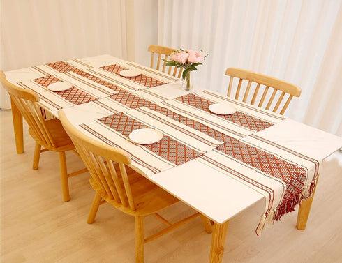 LEVIMETREE Moroccan Table Runner 14 X 72 in, Boho D©cor Washable Natural Burlap Table Runner, Tufted Tassels for Bohemian Wedding Bridal Shower Table Mat Rustic Farmhouse Dining Table D©cor, Red