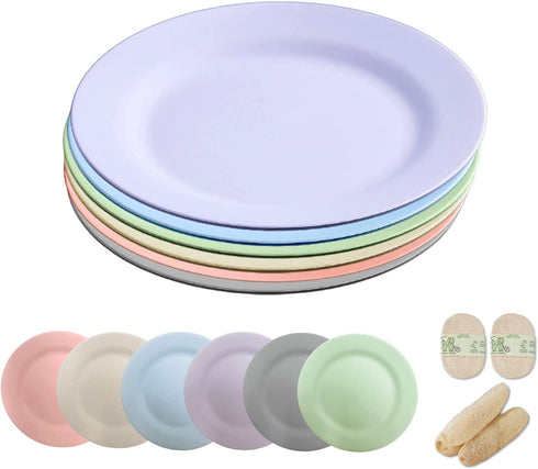 Wheat Straw Plates Set of 6, Unbreakable Plate Set with 2 Loofah Dish Sponges, Lightweight Great for Party / Picnic / Camping / BBQ / Pizza, BPA-Free, Microwave-Safe (6 Colors, 10 inches)