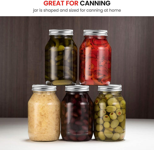 Glass Regular Mouth Mason Jars, 32 Ounce Glass Jars with Silver Metal Airtight Lids for Meal Prep, Food Storage, Canning, Drinking, Overnight Oats, Jelly, Dry Food, Spices, Salads, Yogurt (6 Pack)