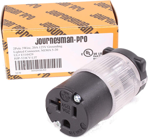 Journeyman-Pro 520CV-LIT Lighted 20 Amp 120-125 Volt, NEMA 5-20R, 2Pole 3Wire, Straight Blade, Female Plug Replacement Cord Connector Outlet, Commercial Grade PVC Power Indicating (BLACK LIT 1-PACK)