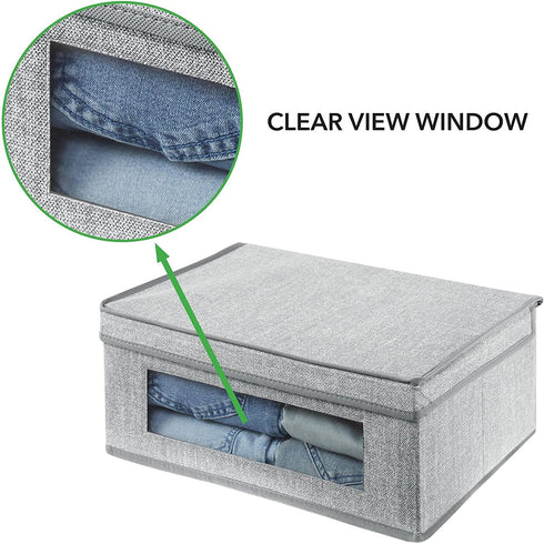 mDesign Fabric Stackable Basket Cube Storage Organizer Bin with Clear Plastic Window and Attached Lid for Organizing Bedroom Closet - Holds Clothes, Blankets, Hats - 2 Pack - Gray