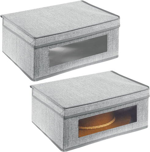 mDesign Fabric Stackable Basket Cube Storage Organizer Bin with Clear Plastic Window and Attached Lid for Organizing Bedroom Closet - Holds Clothes, Blankets, Hats - 2 Pack - Gray