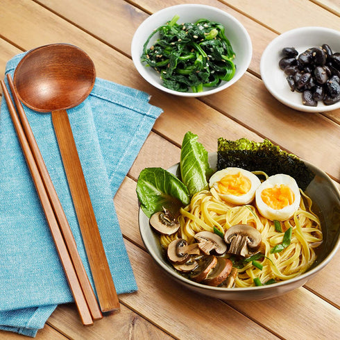 ORYOUGO 6 Pieces Handcrafted Wooden Ramen Soup Spoon with Long Handle Home Tableware Kitchen Utensils, 8.5in