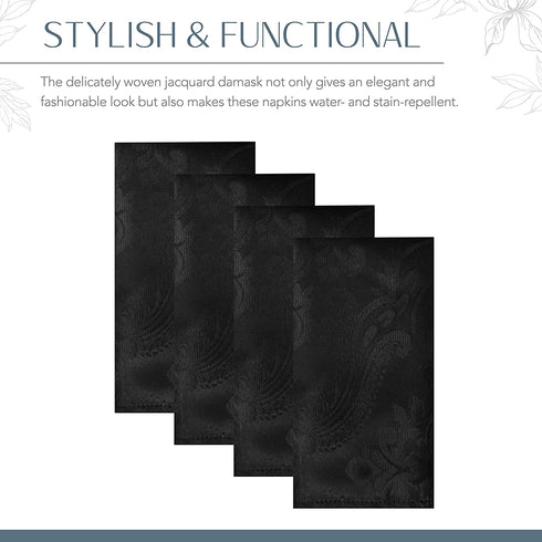 Elrene Home Fashions Caiden Elegance Damask Fabric Napkins (Set of 4), 17" x 17", Black 4 Count