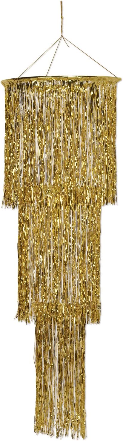 Beistle 3 Tier Shimmering Metallic Plastic Tinsel Fringe Chandelier Hanging Decoration Photo Booth Backdrop for Birthday Party Engagement Anniversary Wedding, 4', Gold