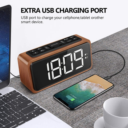 Radio Alarm Clock, Large LED Display Wood Digital FM Alarm Clock, Adjustable Brightness Dimmer and Snooze, Simple LED Clock with Dual Alarm, 12/24 Hour, Powered by AC Adapter (White LED)