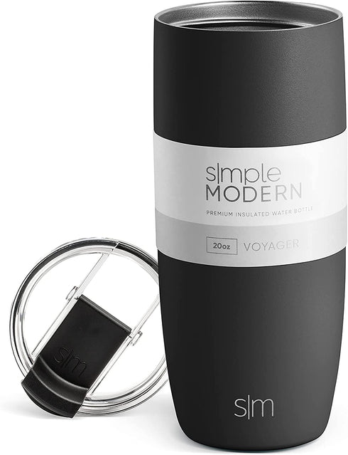 Simple Modern Travel Coffee Mug Insulated Stainless Steel Thermos Cup Voyager with Straw and Clear Flip Lid 20oz (590ml) Tumbler, -Midnight Black