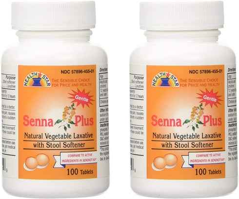 Senna Plus Natural Vegetable Laxative with Stool Softener, 100 tablets (Pack of 2)