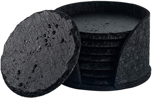 Urbanstrive Eco-Friendly Slate Drink Coasters with Holder, Set of 8, Round Slate Stone Coasters for Drinks Bar Home, 4 Inch, Black