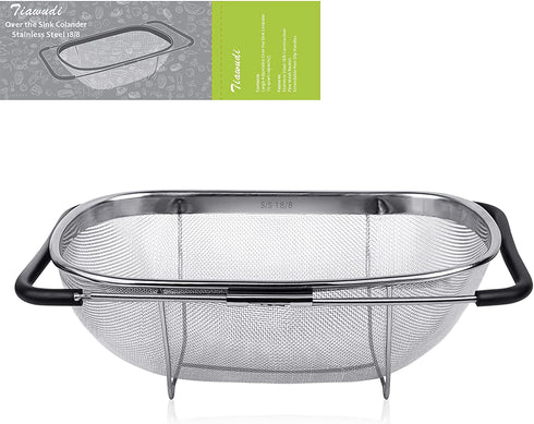 18/8 Stainless Steel Over The Sink Colander with Fine Mesh Strainer Basket & Expandable Rubber Grip Handles - Strain, Drain, Rinse Fruits, Vegetables