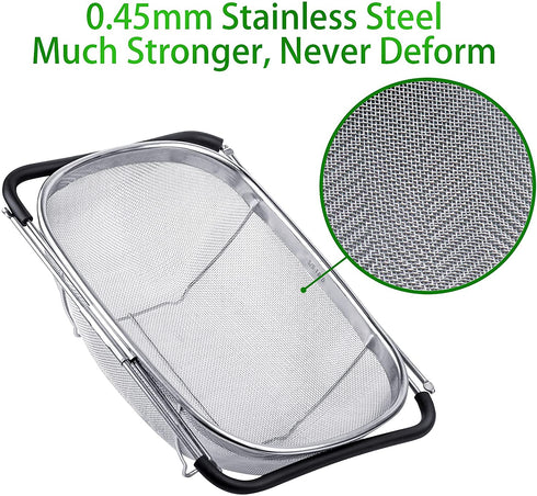 18/8 Stainless Steel Over The Sink Colander with Fine Mesh Strainer Basket & Expandable Rubber Grip Handles - Strain, Drain, Rinse Fruits, Vegetables